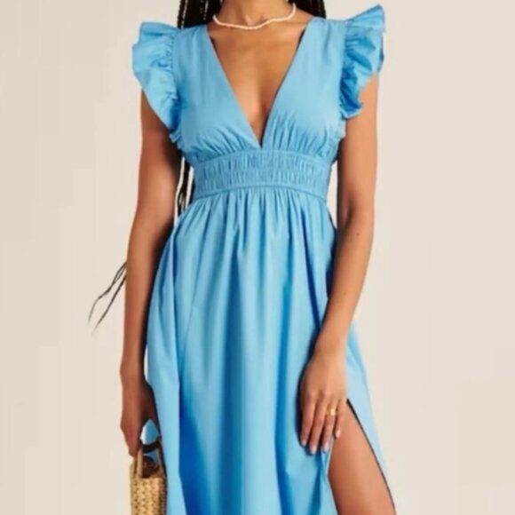 Abercrombie & Fitch Blue Flutter Sleeve Midi Dress - Picture 1 of 3